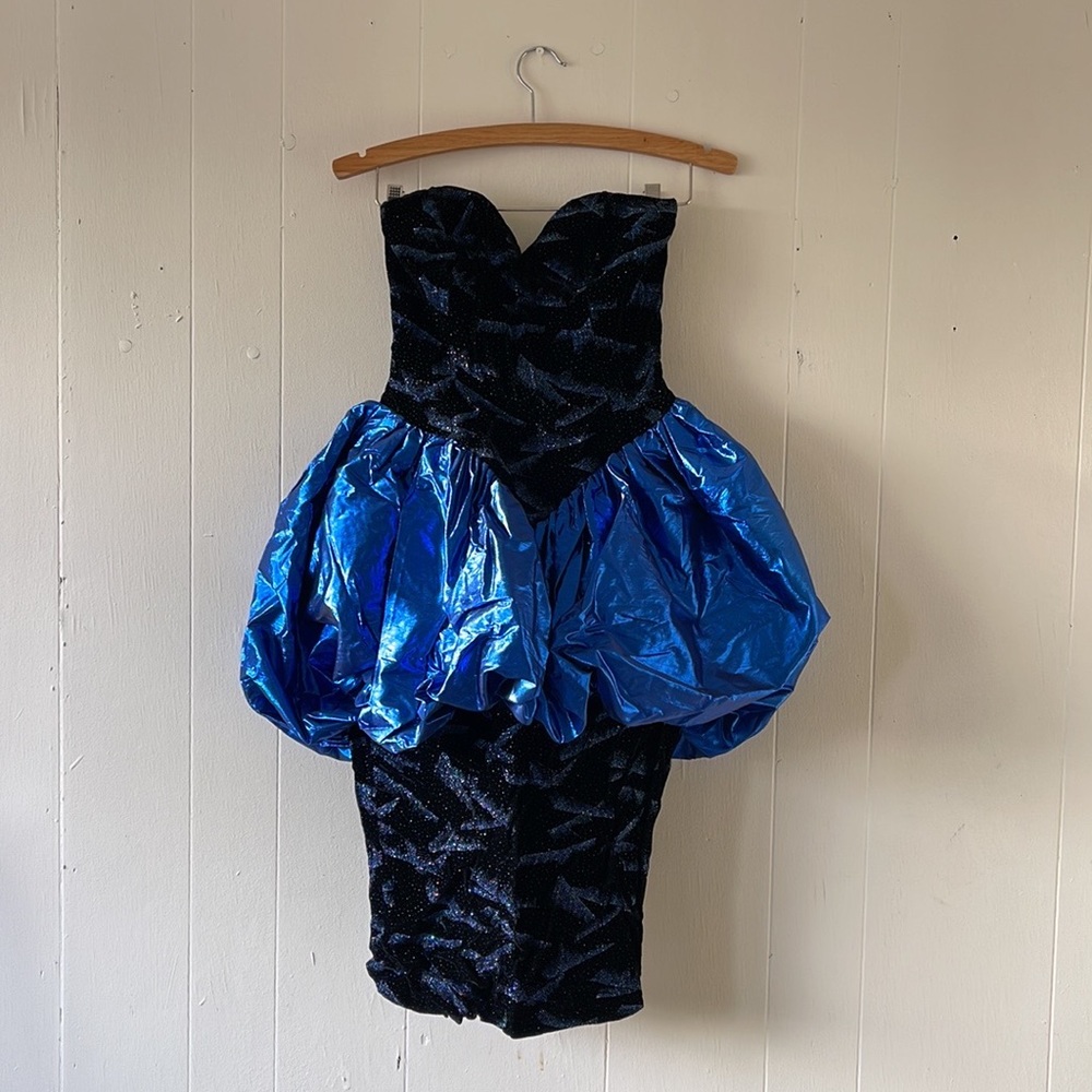 Vintage TD4 By Electra Metallic Party Bow Dress 1980’s 7/8 Velvet Black Blue